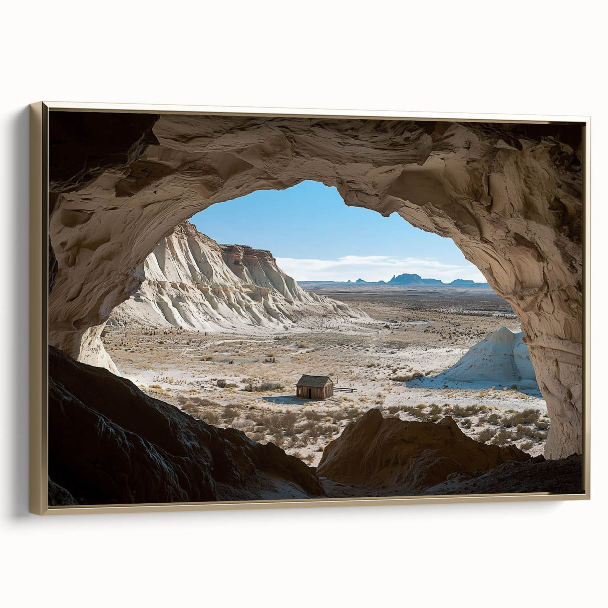 Framed canvas artwork showcasing a vibrant landscape with caves, featuring a gold side profile and intricate details, ideal for enhancing home decor.