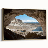 Framed canvas artwork showcasing a vibrant landscape with caves, featuring a gold side profile and intricate details, ideal for enhancing home decor.