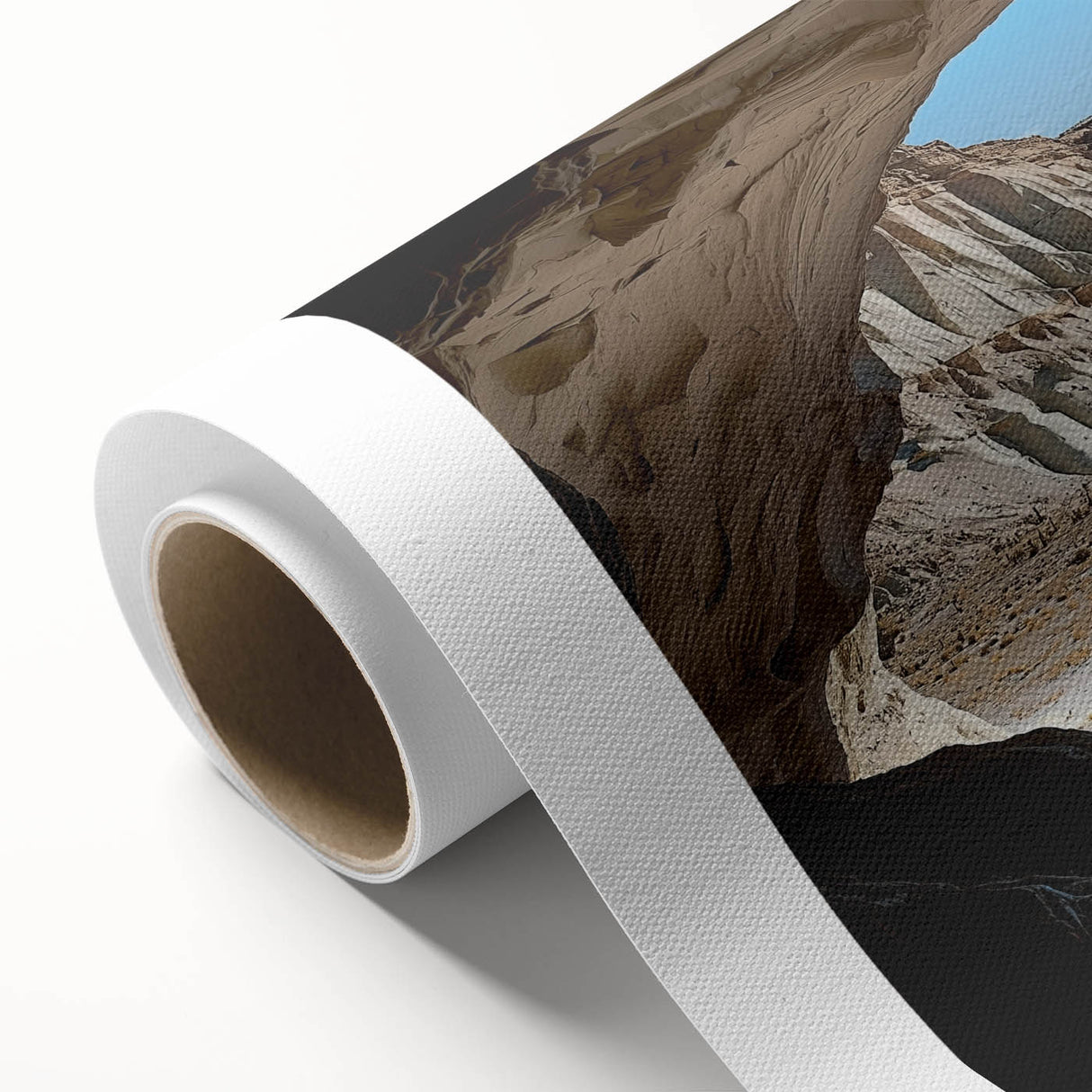 Vibrant rolled canvas artwork depicting a serene cave landscape, showcasing intricate details in earthy tones, elegantly packaged in a protective cardboard tube. Ideal for nature-inspired home decor.