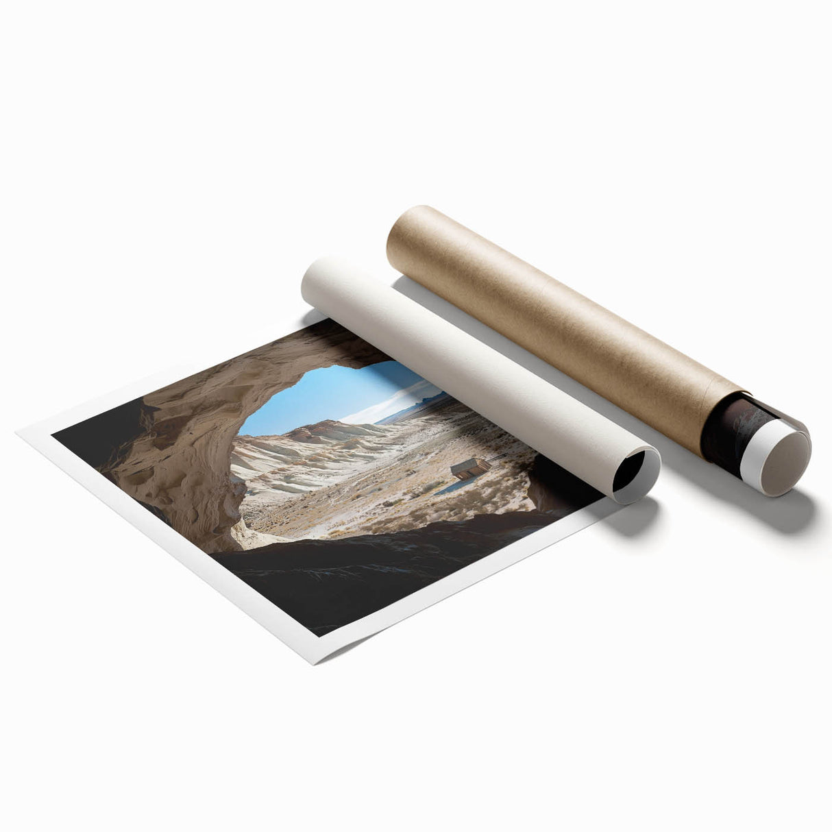 Rolled print showcasing a vibrant landscape with intricate cave formations, presented in a sturdy cardboard tube for safe shipping and storage. Perfect for nature enthusiasts and art collectors.
