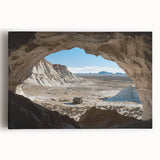 Stretched canvas artwork depicting a vibrant landscape with intricate cave formations and rich colors, ideal for enhancing living spaces or galleries.