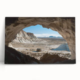 Stretched canvas artwork depicting a serene landscape with caves, featuring earthy tones and intricate details, ideal for enhancing home decor or office spaces.