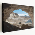 Stretched canvas artwork showcasing a vibrant landscape scene with intricate cave formations, featuring rich colors and detailed textures, ideal for home decor.
