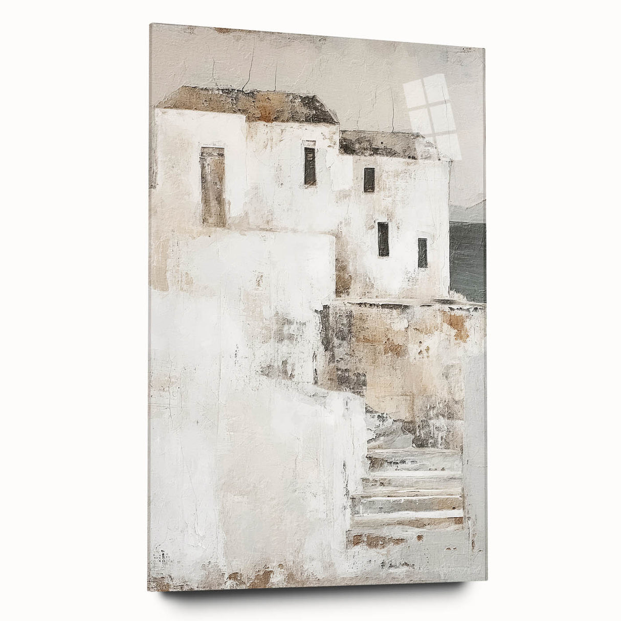 Abstract architectural wall art displayed in a sleek acrylic glass frame, showcasing geometric designs with vibrant colors, perfect for modern home decor.