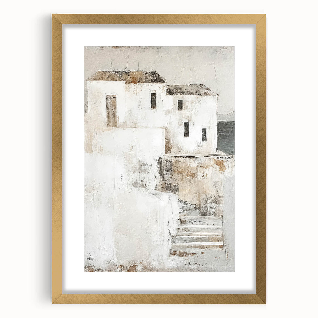Abstract architectural wall art framed in gold, showcasing geometric patterns and a modern design, ideal for contemporary home decor or office spaces.