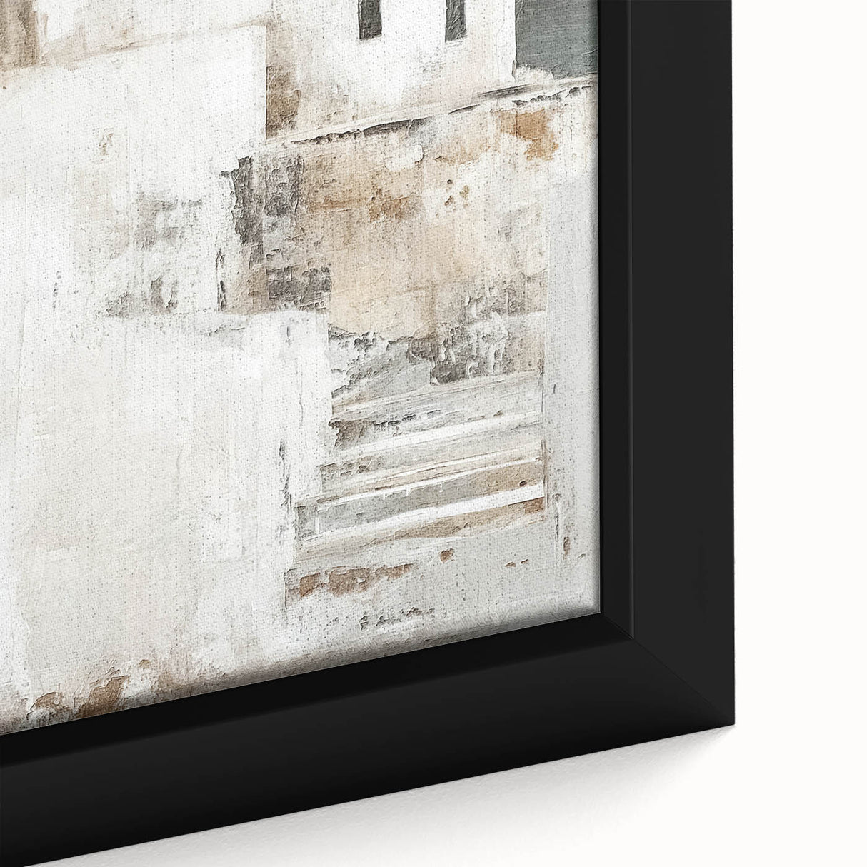 Close-up of an abstract architectural wall art piece featuring geometric shapes and muted tones, framed elegantly, perfect for modern interior decor.