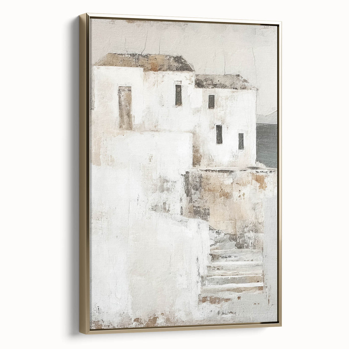 Framed abstract architecture wall art in gold tones, showcasing geometric shapes and lines, perfect for modern interior decor. Adds elegance to any space.