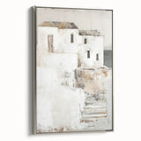 Abstract architectural wall art framed in silver, showcasing dynamic shapes and lines in muted tones, perfect for modern home decor or office ambiance.