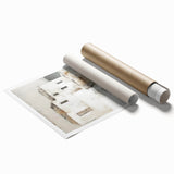 Abstract architecture wall art print showcasing geometric shapes in vibrant blue, yellow, and white hues, rolled and ready for display or framing. Perfect addition to modern home decor.