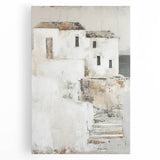 Abstract architectural wall art on stretched canvas showcasing bold geometric shapes in vibrant blue and orange colors, ideal for modern home decor.