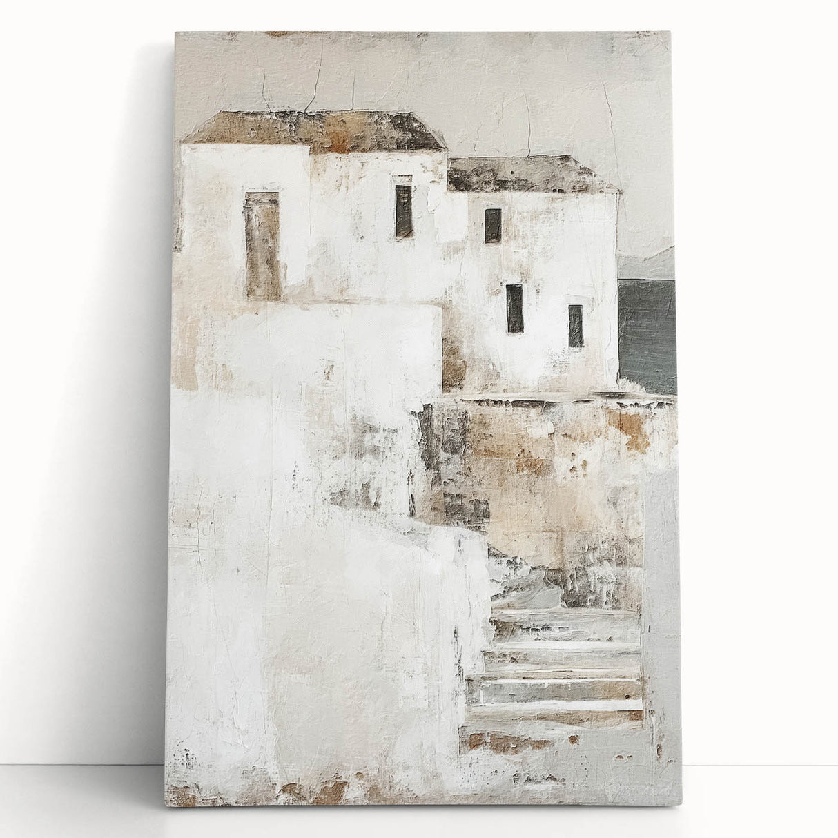 Abstract architecture wall art on a stretched canvas, showcasing geometric shapes and bold colors, leaning against a minimalist wall, perfect for modern decor.