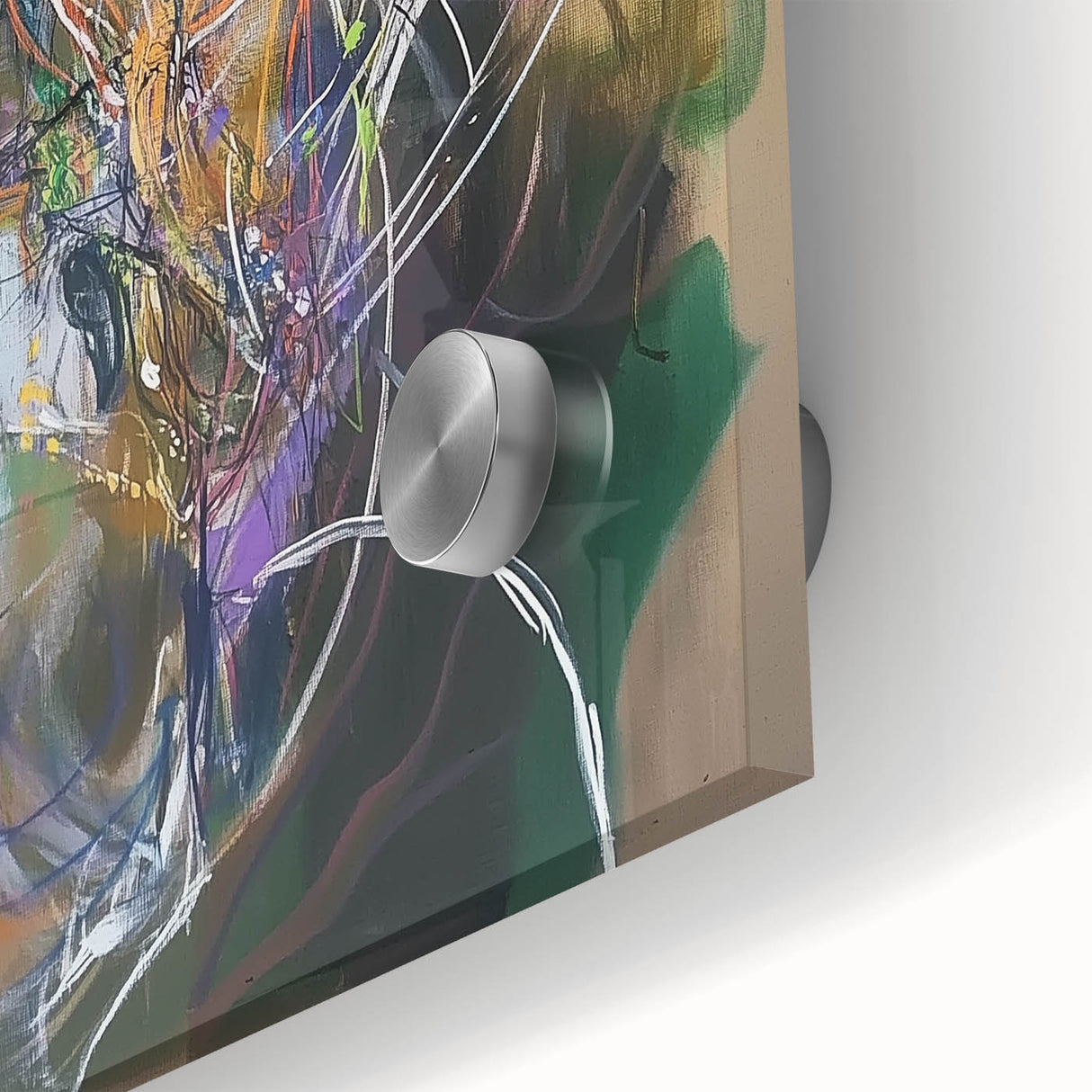 Abstract acrylic glass artwork showcasing vibrant splatters of blue, orange, and yellow, emphasizing a modern artistic flair, ideal for contemporary home decor.