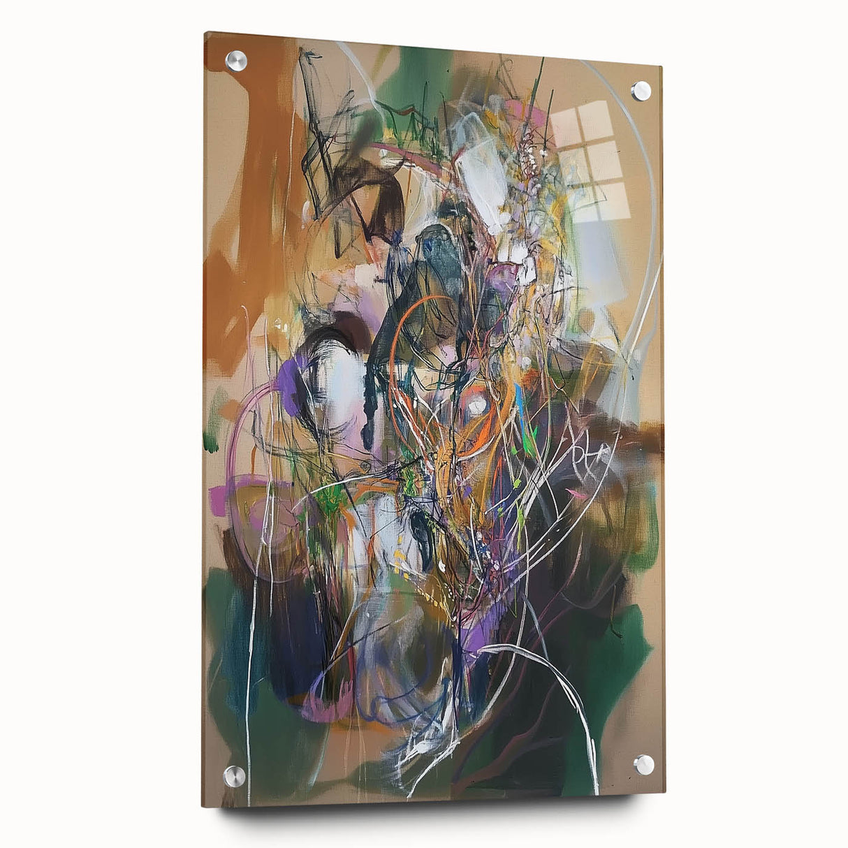 Abstract acrylic glass artwork showcasing vibrant splatters in a side view, elegantly mounted with pins. Ideal for modern decor and artistic displays.