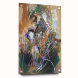 Abstract acrylic glass artwork showcasing vibrant splatters in a side view, elegantly mounted with pins. Ideal for modern decor and artistic displays.