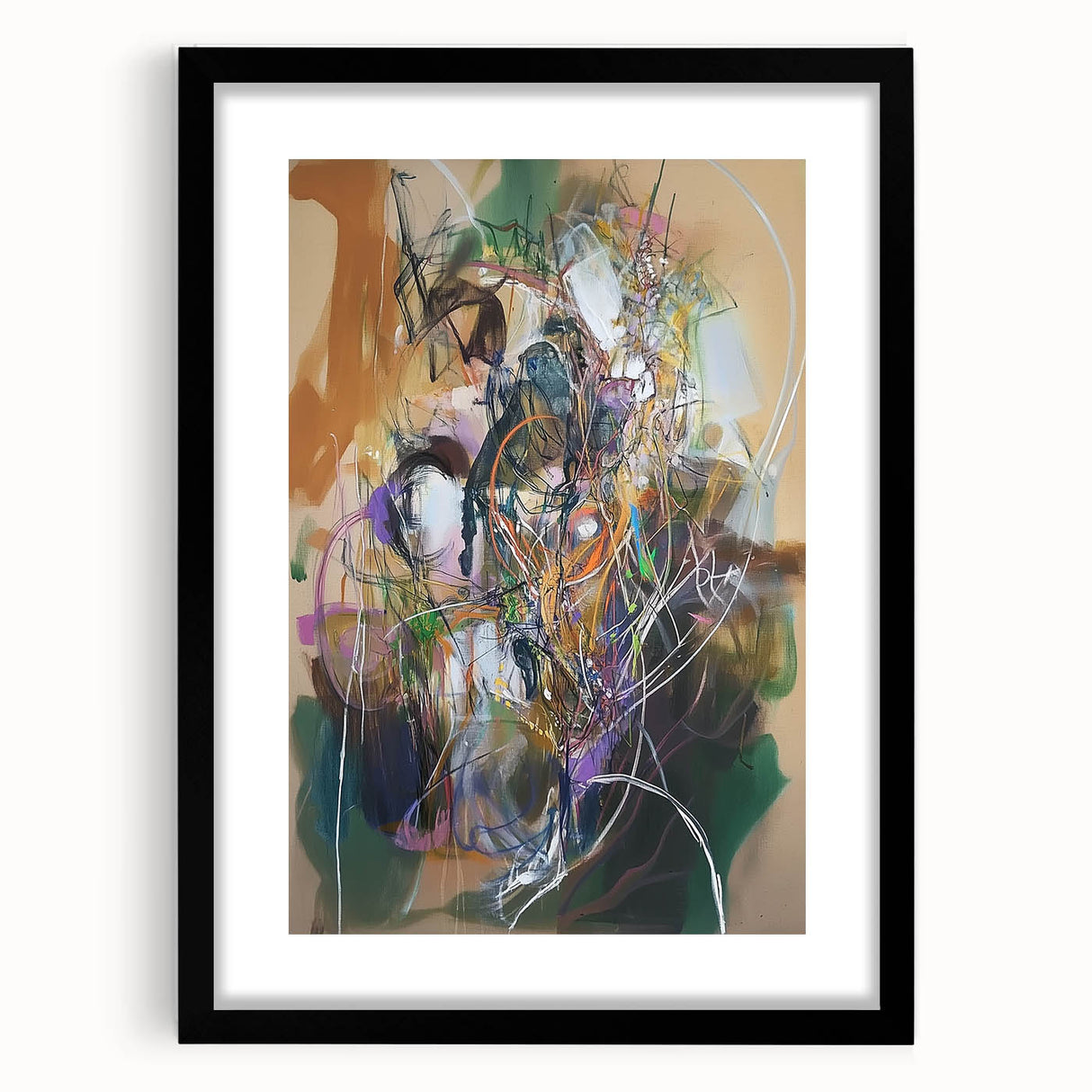 Abstract splatter art frame with a black mat, showcasing vibrant colors and dynamic patterns, perfect for modern home decor or artistic displays.