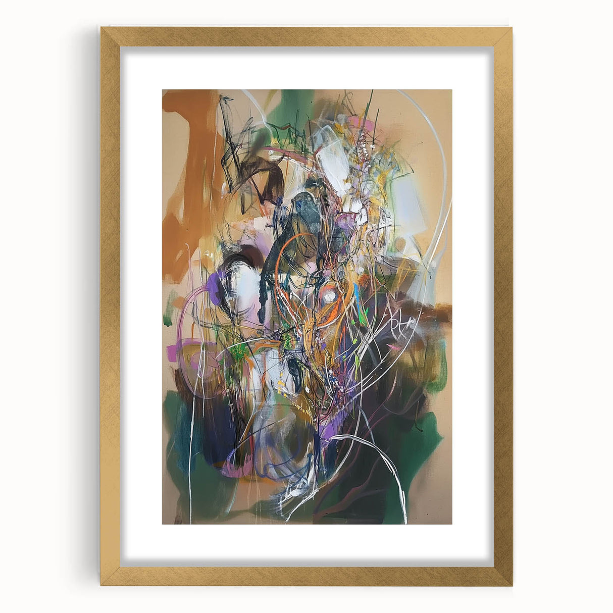 Gold-framed abstract art print featuring vibrant splatter designs on a white background, ideal for modern home decor and artistic interiors, emphasizing creativity and elegance.
