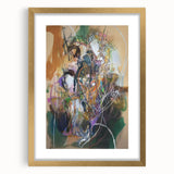 Gold-framed abstract art print featuring vibrant splatter designs on a white background, ideal for modern home decor and artistic interiors, emphasizing creativity and elegance.