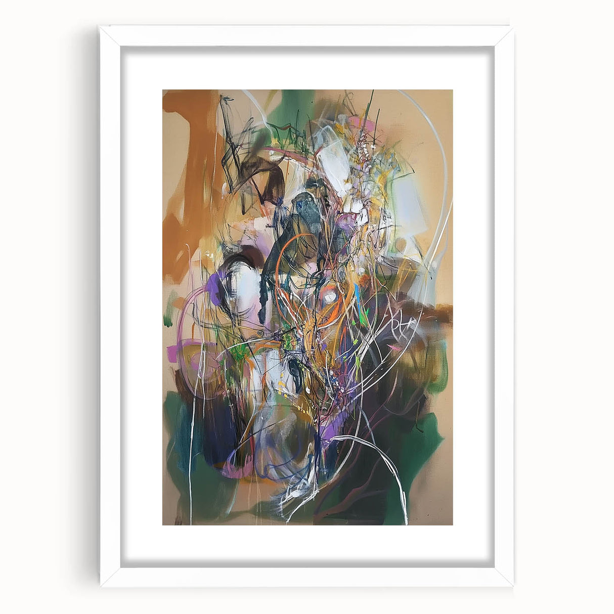 Abstract splatter art frame with a white mat, showcasing vibrant colors on a textured background, ideal for modern home decor or creative spaces.