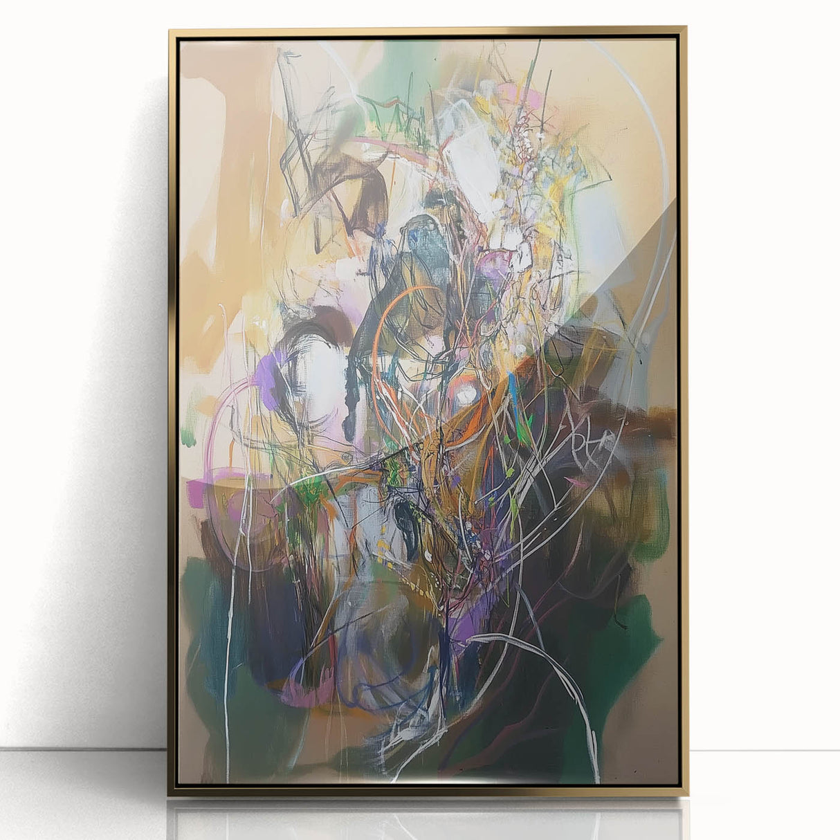 Framed acrylic artwork showcasing an abstract design with vibrant gold splatters on a textured background, ideal for modern home decor.