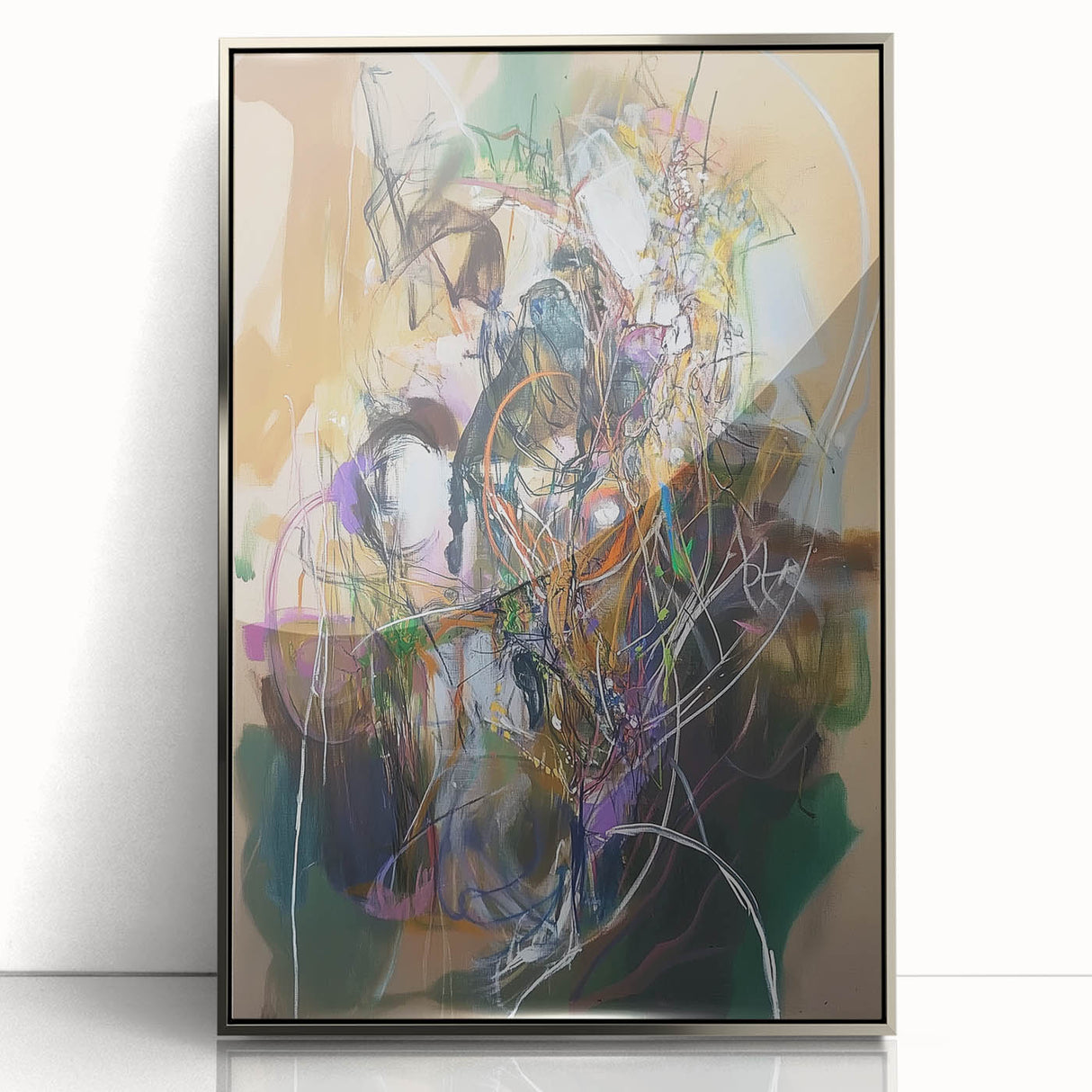 Abstract splatter art piece in a sleek silver frame, showcasing vibrant colors and dynamic patterns, perfect for modern home decor and artistic expression.