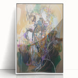 Abstract wall art featuring colorful splatters in a framed acrylic display, showcasing vibrant hues of blue, yellow, and red against a sleek white background, perfect for modern home decor.