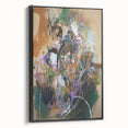 Framed canvas artwork showcasing abstract splatter designs in vibrant colors, viewed from the side with a sleek black frame, ideal for modern decor.