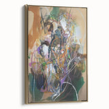 Framed canvas artwork showcasing a modern abstract splatter design with gold accents, viewed from the side, adding a touch of elegance to contemporary decor.