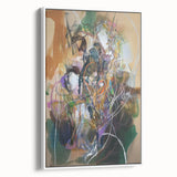 Framed canvas artwork showcasing vibrant abstract splatters in a white setting, ideal for modern home decor, adding a pop of color and creativity to any room.