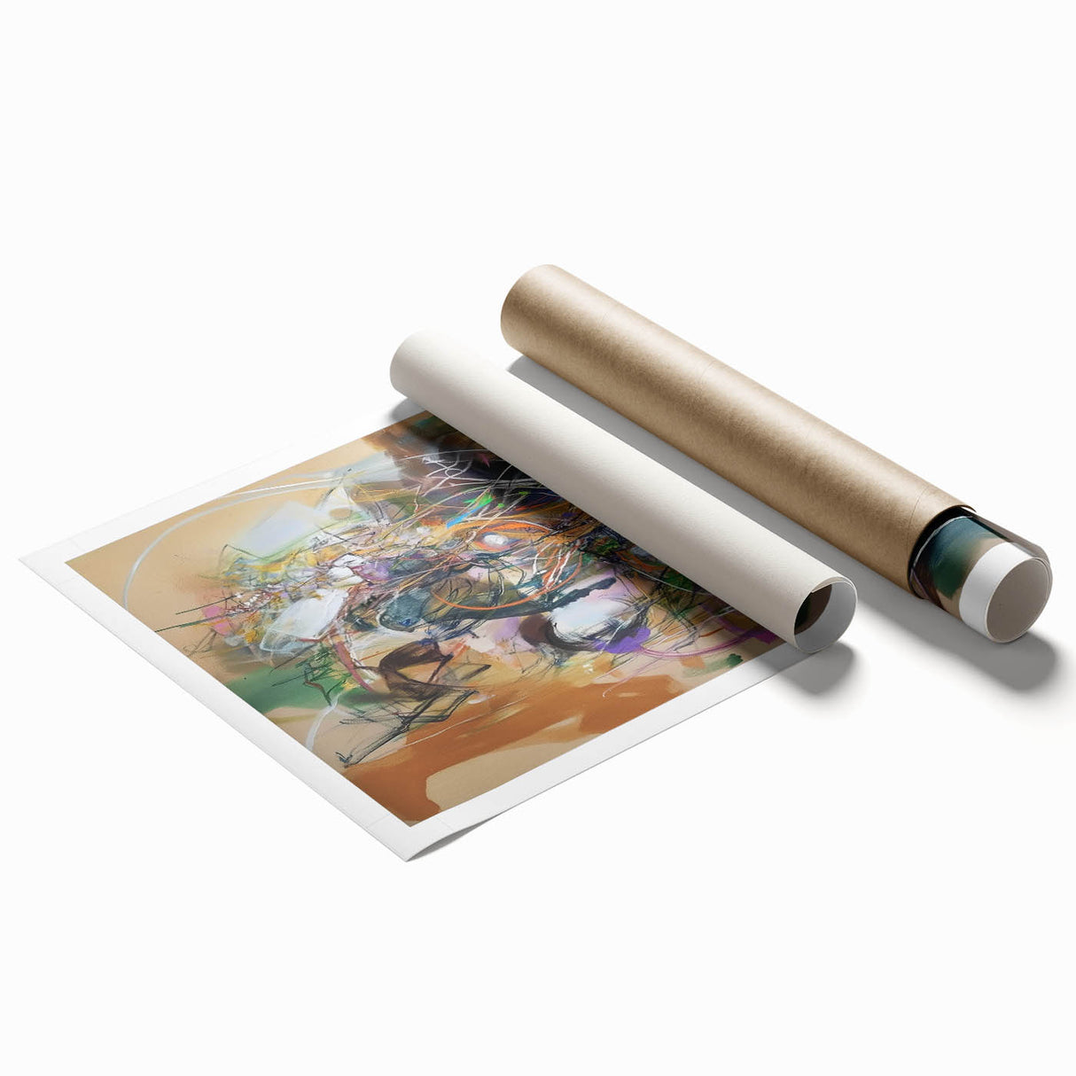 Abstract art print showcasing vibrant splatters of color on a textured background, rolled for easy shipping and display. Perfect for modern home decor or art enthusiasts.