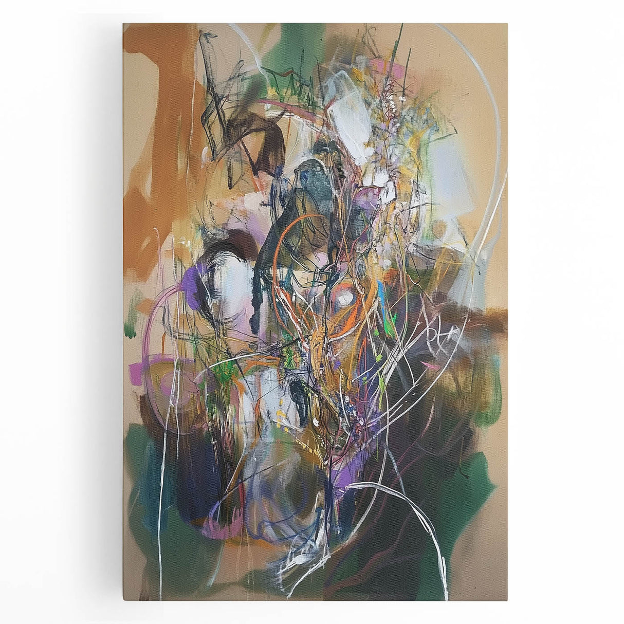 Abstract splatter art stretched canvas showcasing vibrant colors of blue, orange, and yellow, perfect for modern home décor or artistic wall displays.