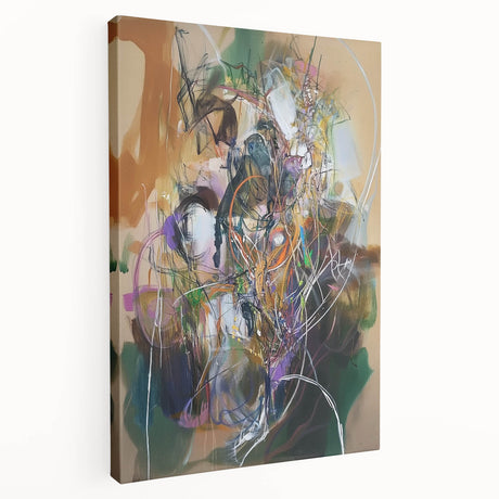 Abstract splatter artwork on stretched canvas displaying vibrant colors and dynamic shapes, ideal for modern home decor or artistic interior design.