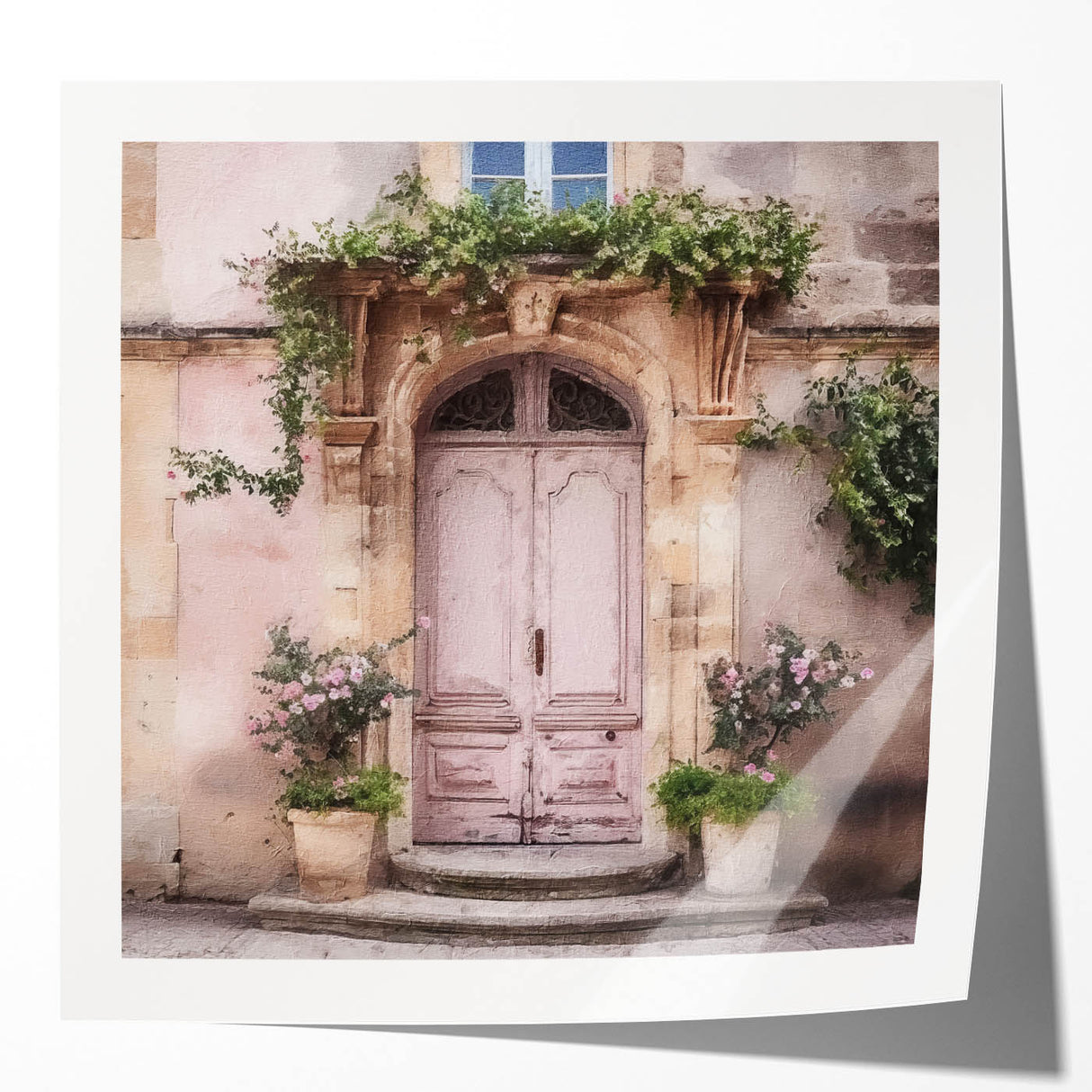 Extra large wall art featuring a floral design on a French door, printed on glossy photo paper.