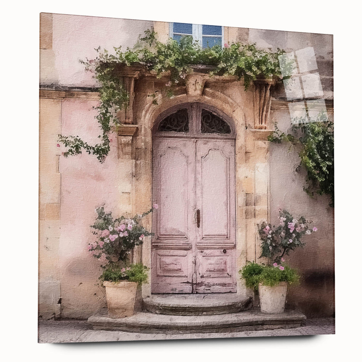 Large abstract wall art featuring a French door design on acrylic glass, in muted earth tones.