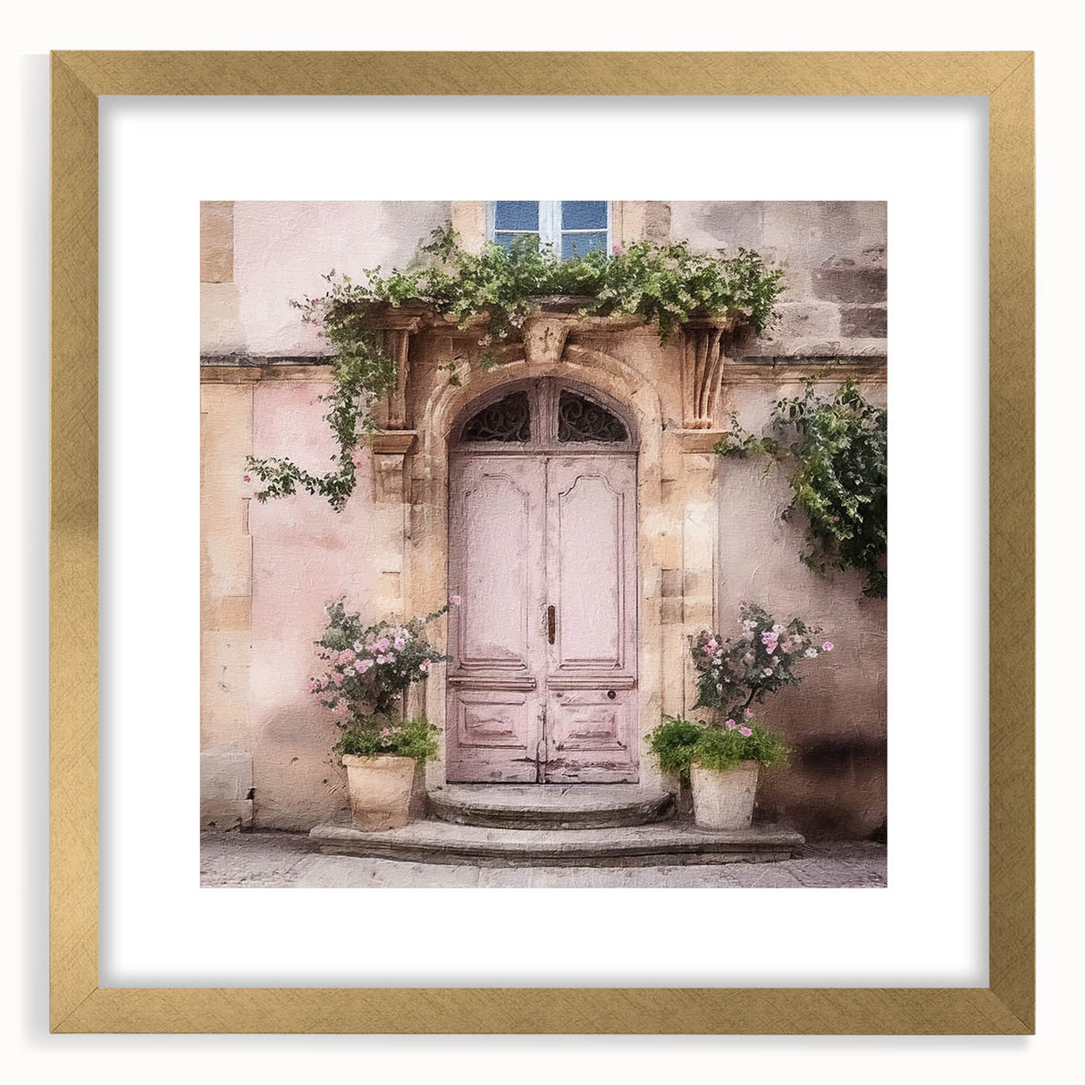 Extra large abstract art print featuring textured patterns in gold and beige tones, framed with a mat.