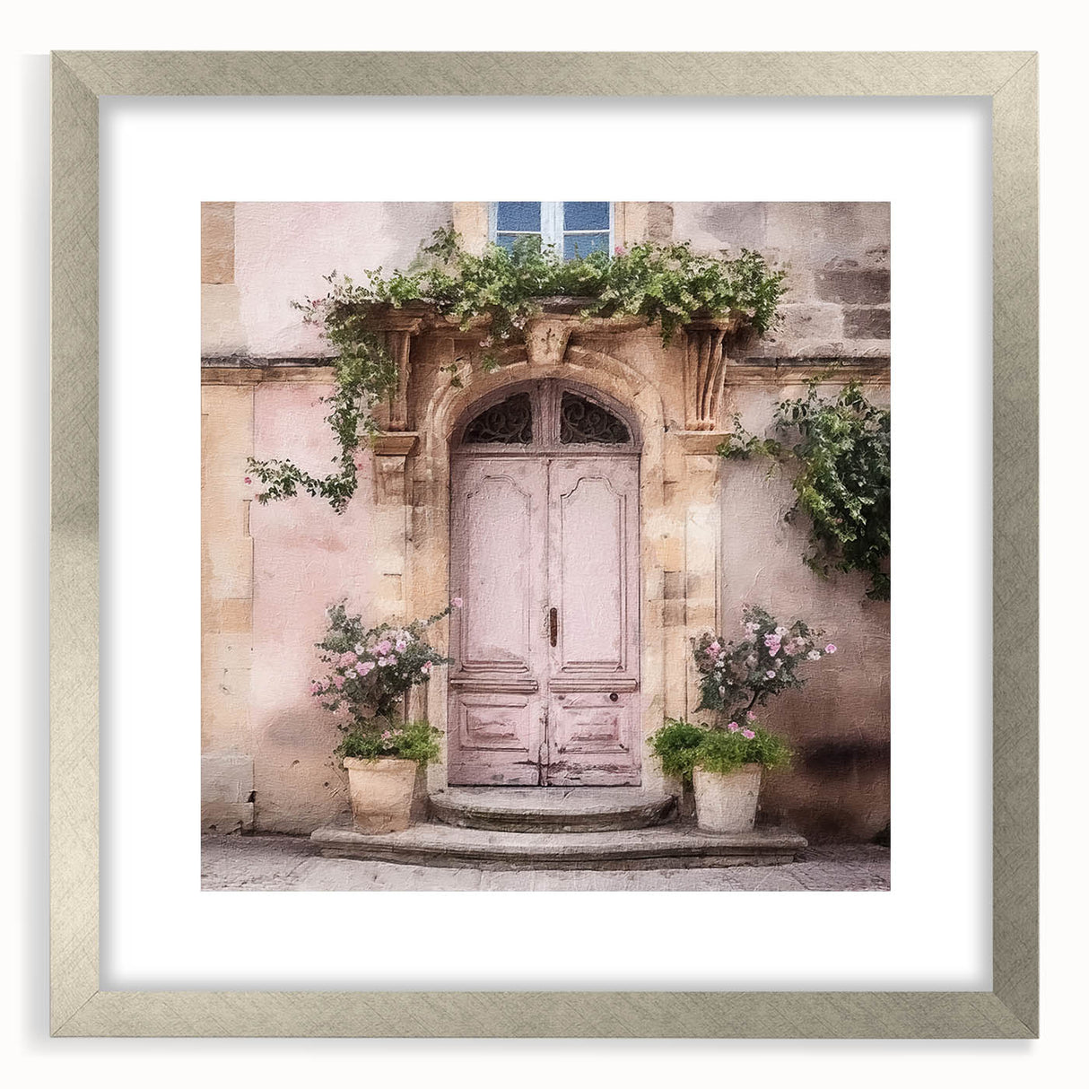 Textured abstract art print depicting a French door, rendered in muted gray tones on a framed canvas.