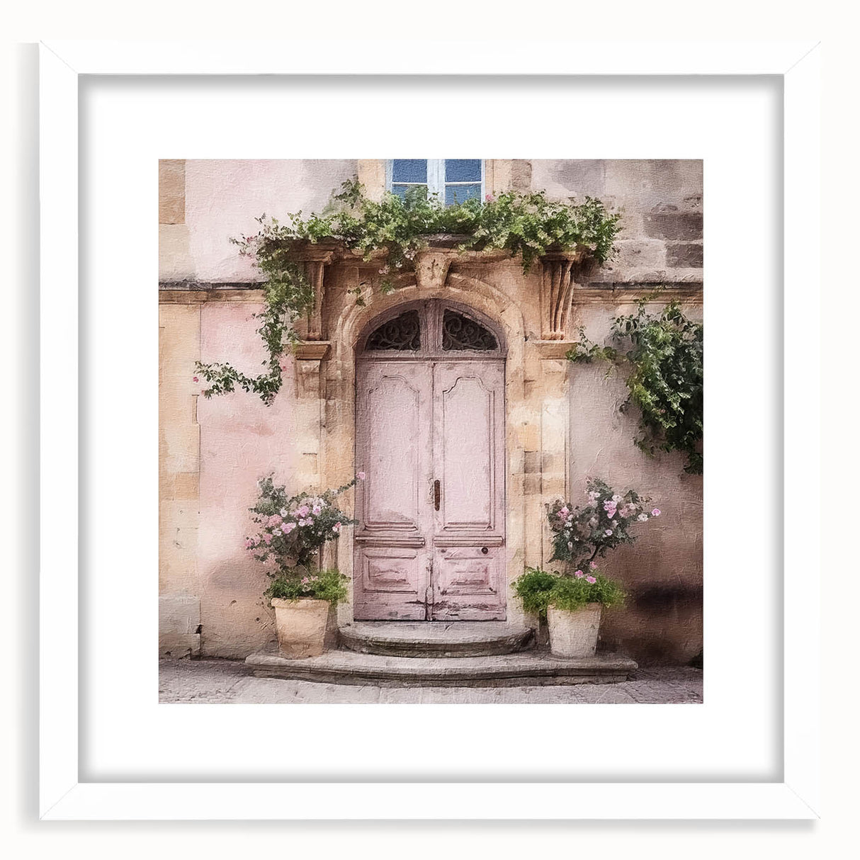 Abstract art print of a French door in muted gray and white tones, framed with a white mat, ideal for dining room decor.