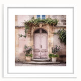 Abstract art print of a French door in muted gray and white tones, framed with a white mat, ideal for dining room decor.