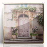 Mid-century modernist acrylic print of a French door, in gold and brown tones, ideal for modern art wall decor.