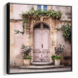 Black and white framed canvas of a vintage French door design, ideal for bedroom wall art.