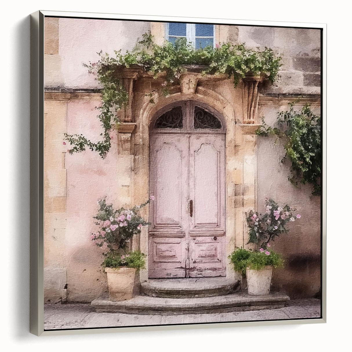 Landscape art painting of a French door, vintage poster style in black with colorful accents on framed canvas.