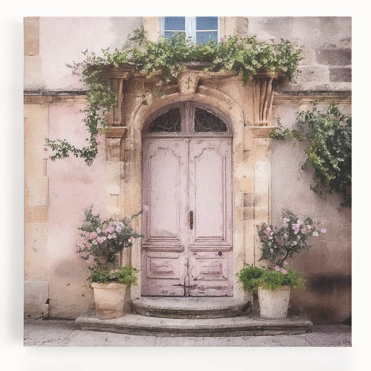 Black and white photograph of a French door architecture on stretched canvas, ideal for kitchen wall art.