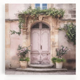 Black and white photograph of a French door architecture on stretched canvas, ideal for kitchen wall art.
