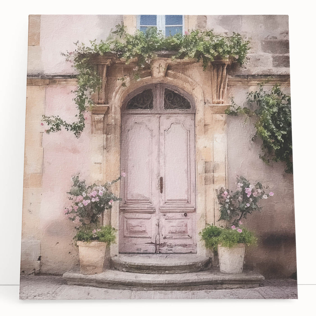 Black and white photo of a French door architecture on stretched canvas.