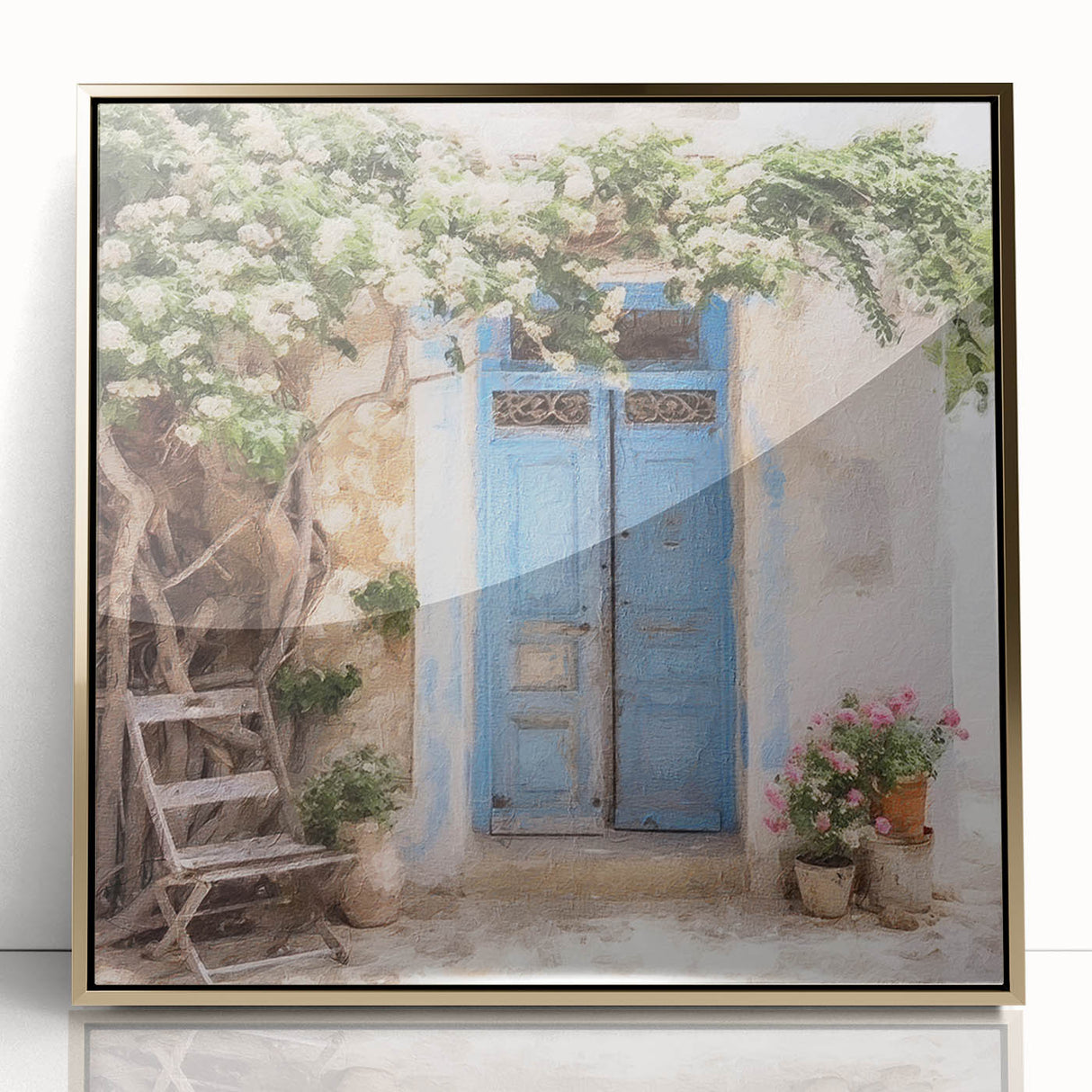 Large art print of a Greek architecture door in gold tones on framed acrylic, suited for modern art wall decor.