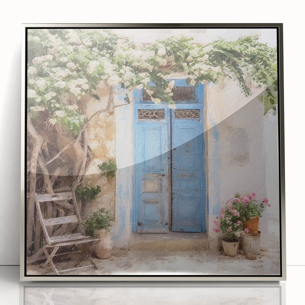 Mid-century modernist art depicting a Greek door, rendered in neutral tones on a silver-framed acrylic print.