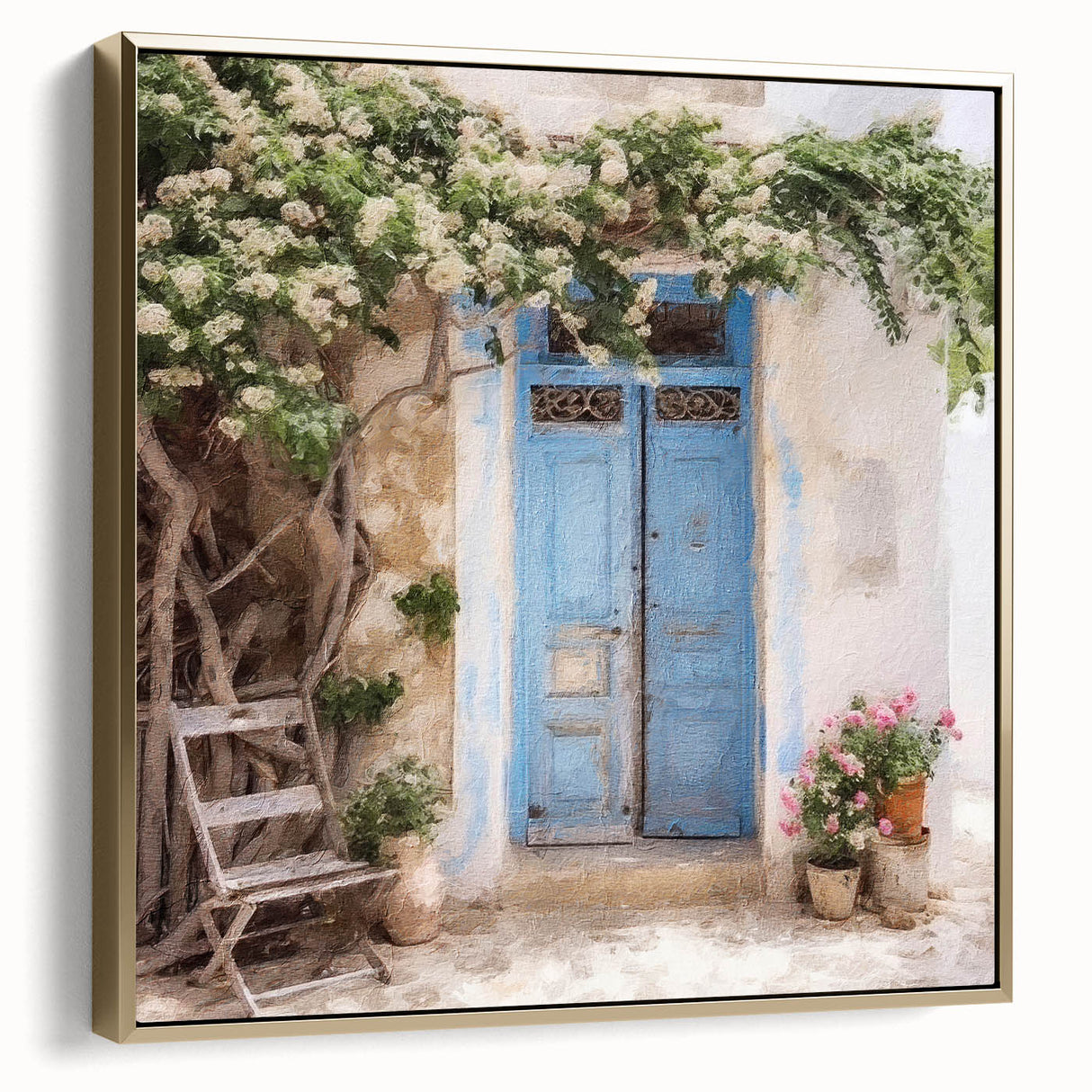Framed canvas depicting a vintage Greek door design in silver and gold, ideal for bedroom wall art.