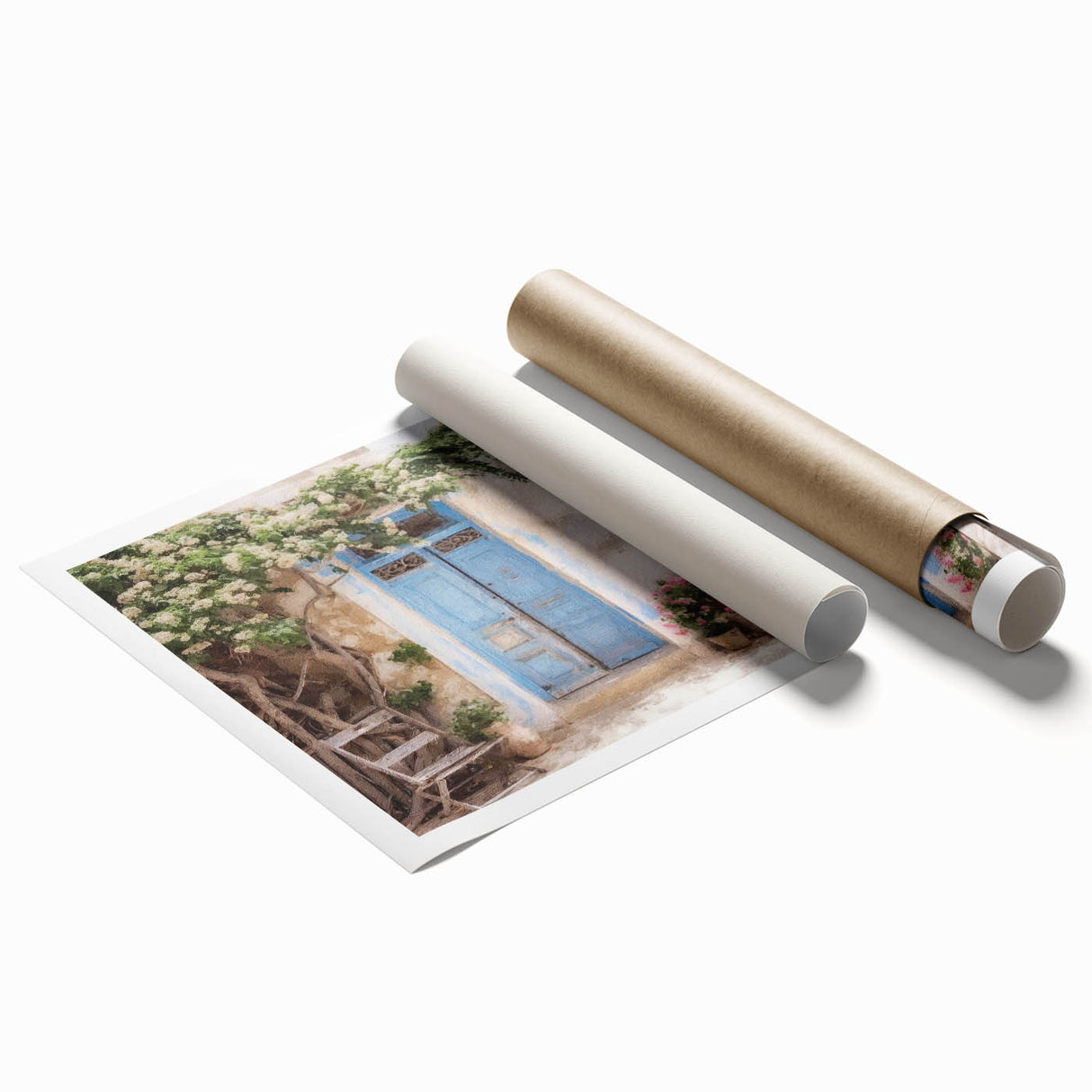 Extra large rolled print featuring a Greek door design with floral art, ideal for classy bathroom wall art.