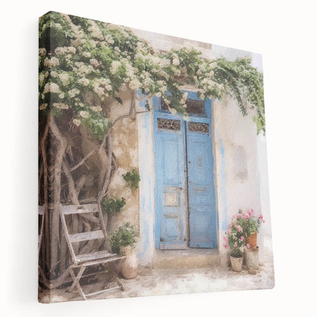 Side view of a large canvas featuring a Greek door design with muted earth tones, ideal for kitchen wall art.