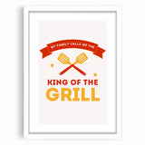 Abstract art print featuring swirling blue and white patterns, framed in white, ideal for dining room decor.