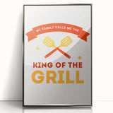 Mid-century modernist art featuring abstract shapes in muted colors on a silver-framed acrylic print.